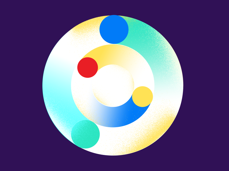 A digital illustrations of a perfect circle comprised of three bands of red, blue, yellow, and green gradients against.a rich purple background.