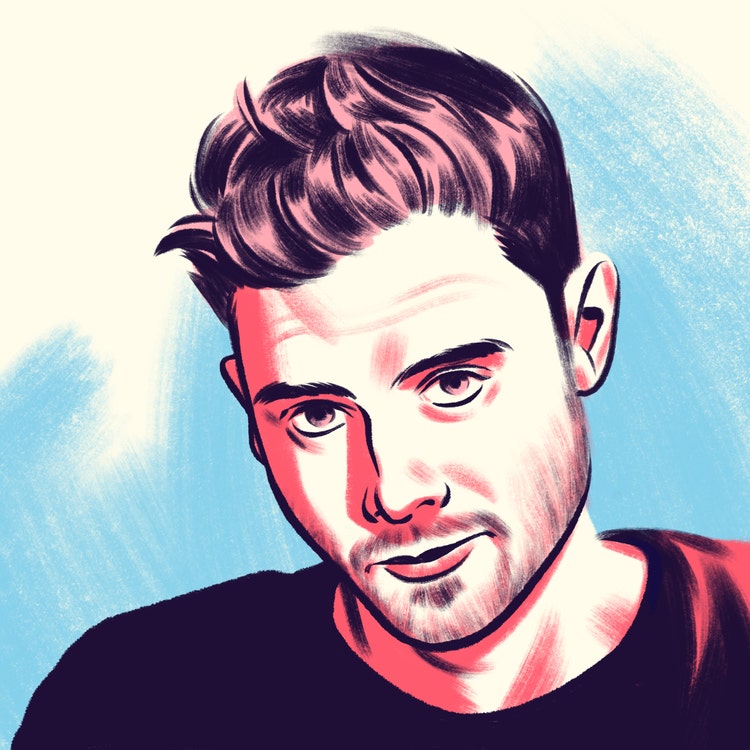 A cartoon-style illustration of a man wearing a black T-shirt looking straight at the viewer.