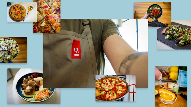 A collage of food photography on a light blue background and at the center of it is a close-up of a person wearing an olive-green apron with the Adobe logo on it.