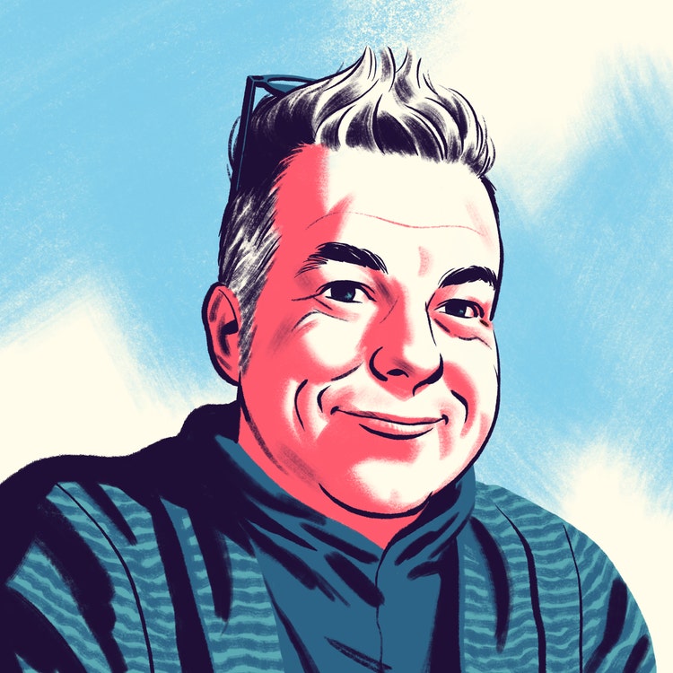 A cartoon-style illustration of a dark-haired man, with grey at the temples, glasses pushed back on his head, and wearing a high-neck sweater.