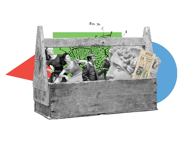 A black-and-white photograph of a handheld toolbox made of wood is at the center of a collage consisting also of a red triangle, a green square, and a blue circle. Instead of tools, the toolbox holds two women, a young man holding a parrot, the head of a statue, and a yellowed ticket stub.
