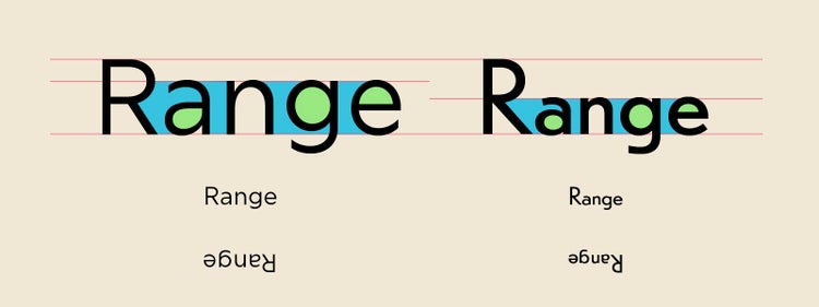 Visual study of the word "Range" displayed in various sizes and orientations. The two largest versions appear at the top left and right, aligned with red horizontal lines and partially highlighted in blue and green. Smaller versions of Range are shown below, including one upside down.