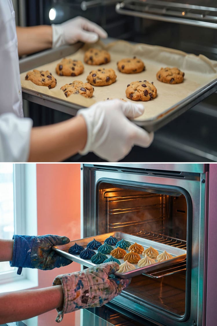Two images stacked. Each shows a different version of trays being pulled from lighted ovens. In the top image gloved hands are removing freshly baked chocolate chip cookies and in the bottom image paint-splattered oven mitts are removing neatly piped, colorful meringues.