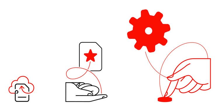 Three linear illustrations on a white background. On the left, a black document shaped outline is encircled by a red open-ended cloud outline ending in an arrow. In the middle is a document shaped outline with a red star inside it, connected by a red looping line to the extended index finger of a folded hand drawn in black outline. On the right, a red gear icon is connected to by a looping line to a hand outlined in red, with a finger extended and pushing a red button.