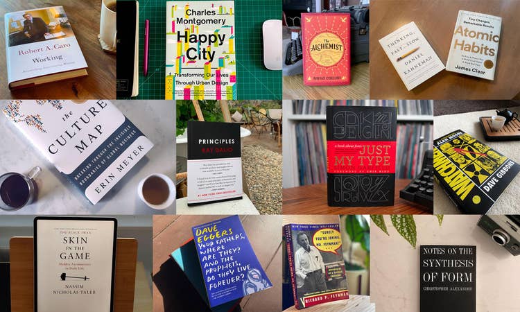 Three horizontal rows of book covers. Top: Working; Happy City; The Alchemist; Thinking, Fast and Slow; Atomic Habits. Middle: The Culture Map; Principles: Life & Work; Just My Type; Watchmen. Bottom: Skin in The Game; Your Fathers, Where Are They?; Surely You're Joking, Mr. Feynman!; Notes on The Synthesis of Form.