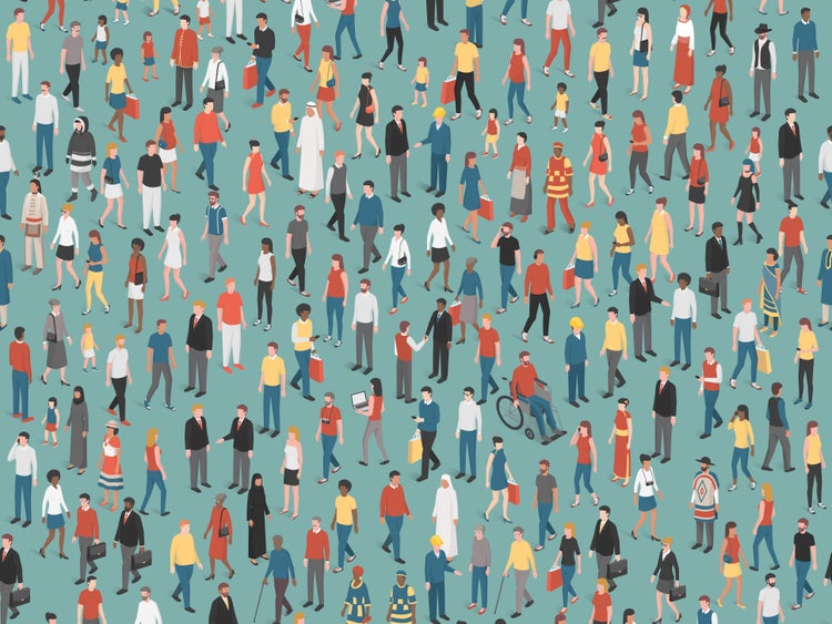 Illustration of a large, diverse crowd on a teal background. People are shown walking or standing, dressed in casual clothes, business attire, and uniforms. Some carry bags or use mobility aids like wheelchairs. The crowd includes individuals of various ages, genders, and ethnicities.