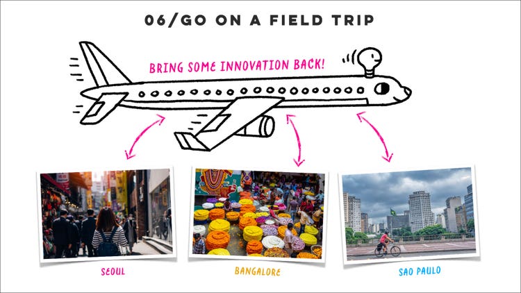 A black line drawing on a white background with the heading "06 / Go on a field trip" in all caps in black sans serif type. Under pink handwritten words that read "Bring some innovation back" is a passenger plane, with a lightbulb over the cockpit, flying over photographs of a street scene in Seoul, Korea, a street market in Bangalore, India, and a bicyclist riding over a bridge in São Paulo. Brazil.