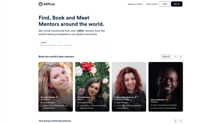 A screenshot of the ADPList home page with the heading "Find, Book and Meet Mentors around the world.