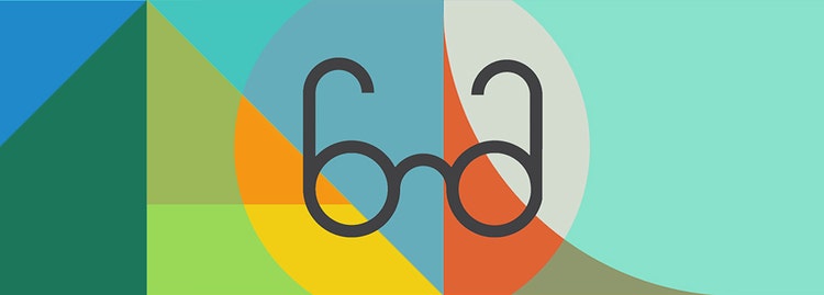 A minimalist black outline of round eyeglasses is centered on a background of intersecting geometric shapes in teal, green, yellow, orange, and light gray.