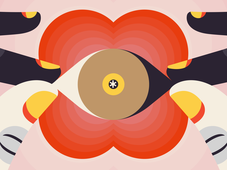 Charcoal and peach fingers pinch an eye with a tan iris and golden pupil surrounded by mod, petal-like ripples of red.