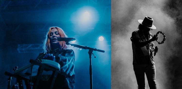 Two photographs side by side. On the left is a white woman with strawberry blonde shoulder length hair standing in front of a microphone on a stand playing some sort of percussion instrument against a backdrop of stage lights casting a vibrant blue glow. On the right is a black-and-white photo of a man with shoulder length curly hair wearing a button-down shirt and a wide flat brim hat. He's holding a tambourine in his right hand and a microphone in his left against a smoke-filled background.
