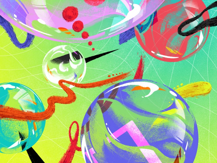 Abstract digital artwork with colorful translucent spheres floating against a vibrant green-yellow gradient background. Each sphere contains unique patterns in purple, blue, red, and green. Red and black wavy lines weave through the composition, and faint white grid lines intersect across the background, adding depth and motion.