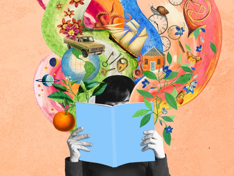 An illustration of a person reading a blue book. Set against an orange background colorful illustrations emerge from its pages including: a globe, plants, an orange fruit, flowers, a car, a sailing ship, a house, clocks, musical notes and instruments like a French horn, as well as planets and stars.