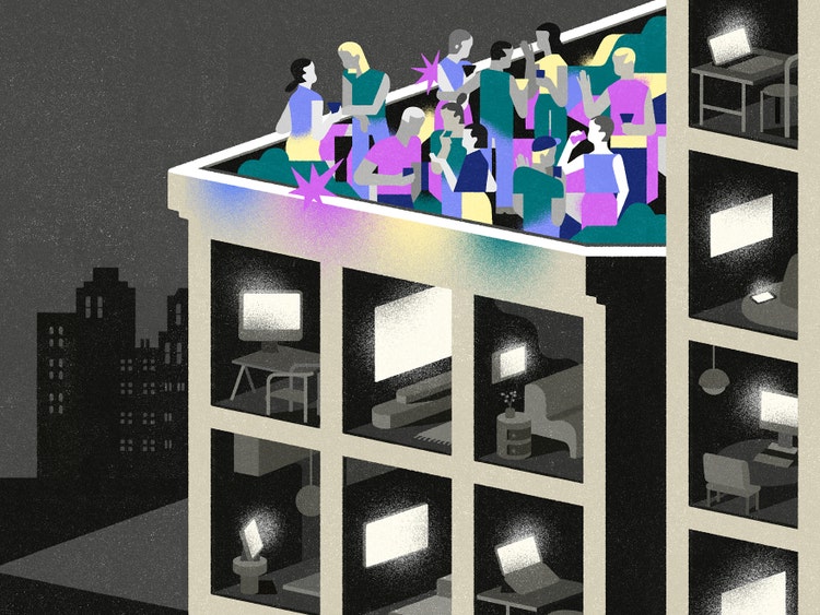 An illustration of a nighttime city scene showing dark silhouettes of adjacent office buildings against a gray sky. The lone building in the foreground has several floors with lit computer screens inside empty offices. On the rooftop, a group of people gather closely together, socializing in bright, colorful clothing with purple starburst accents that suggest the energy of conversation.