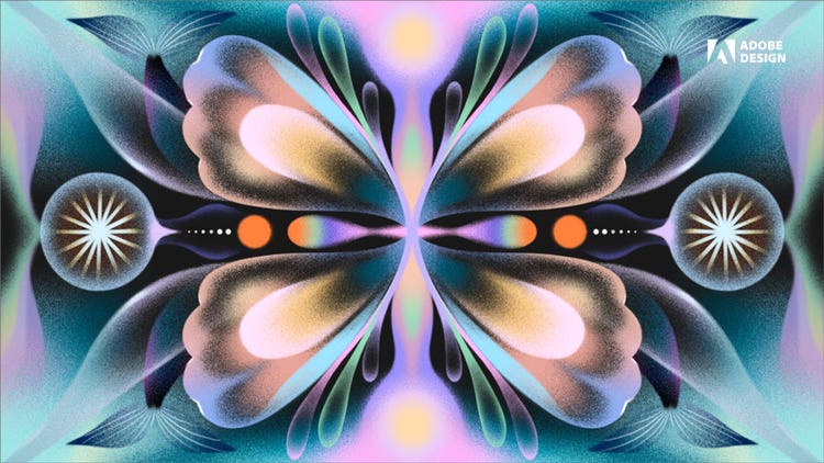 A symmetrical abstract illustration against a background of teal, purple, and black features mirrored butterfly wing-like shapes in vibrant gradients of pink, orange, blue, and green. Each wing has feathered texture and is flanked by starbursts.