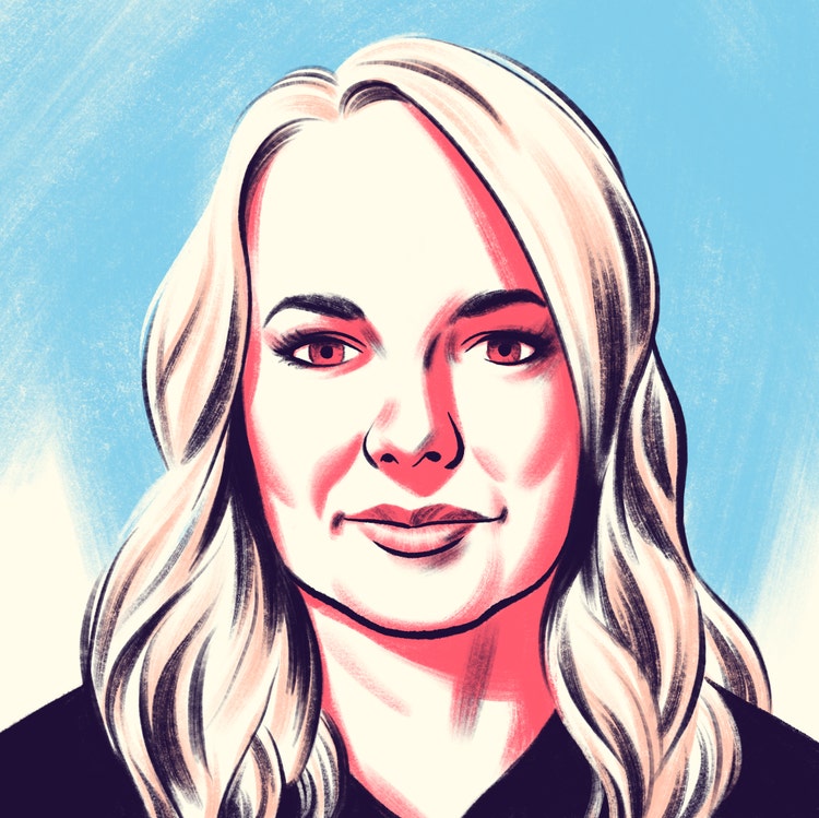 A cartoon-style illustration of a woman with long blond hair wearing a black V-neck T-shirt, and looking straight at the viewer.