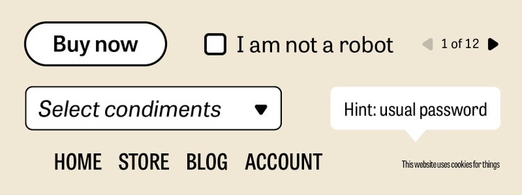am not a robot" checkbox, and pagination labeled "1 of 12." Includes a dropdown menu titled "Select condiments," a speech bubble saying "Hint: usual password," and navigation links for HOME, STORE, BLOG, and ACCOUNT. Footer text reads "This website uses cookies for things."