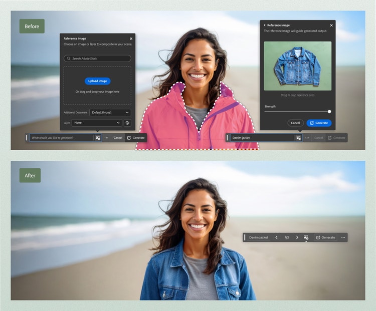 Two stacked images labeled Before and After, showing an image-editing interface applied to a photo of a woman standing on a beach with the ocean in the background. In the Before image (top), the woman is wearing a bright pink jacket over a gray shirt. The pink jacket is outlined with a dotted selection border, indicating the area to be modified. The editing interface displays tools for selecting a reference image and generating changes, with a denim jacket image shown as the reference on the right panel. In the After image (bottom), the same woman is wearing a blue denim jacket over the same gray shirt. The beach and ocean remain visible in the background, and the editing toolbar shows options for confirming or adjusting the applied change.