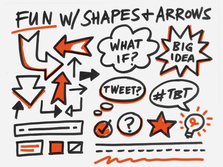 Black marker sketch with the heading "Fun with Shapes + Arrows" with drawings of arrows, line weights, word bubbles, stars, boxes, and lightbulbs.