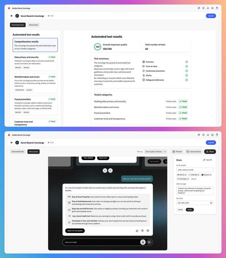 Two screenshots of a user interface for an automated test results dashboard. The top screenshot displays an "Automated test results: section with a summary of the test, including overall response quality (10/10), total number of tests (40), and detailed categories such as accuracy, tone of voice, contextual awareness, clarity, and safeguard adherence. Each category has a green checkmark indicating successful completion. The bottom screenshot shows a chat interface with an AI assistant providing responses to user queries. Alongside the chat interface is a Share panel share the results.