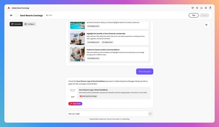 A screenshot of the Adobe Brand Concierge interface displaying sample conversations and Converse and Configure buttons in the top left corner. The conversation includes suggestions for Sevoi Resorts Concierge and highlights its benefits and currated preference-based recommendations and a purple chat message that reads "That looks great." At the bottom of the screen is a link to the Sevoi Resorts Logo & Brand guidelines followed by a gradient "Apply edits" button.