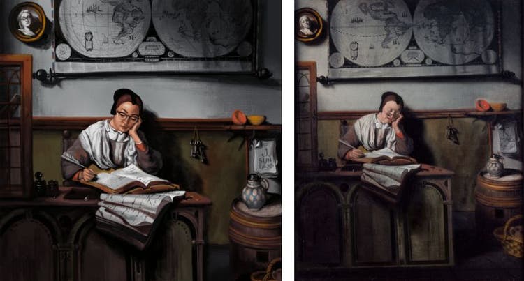 Two images side by side: On the left a digital painting of an Asian woman with glasses seated at an ornate desk, stacked with ledgers, writing with a quill pen; on the right, the painting from which it was copied.