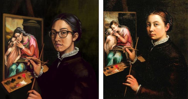 Two images side by side: On the left a digital painting of an Asian woman with glasses depicted as all three characters in a copy of "Self Portrait": the artist herself, and the mother and child in the canvas in front of her; on the right, the painting from which it was copied.