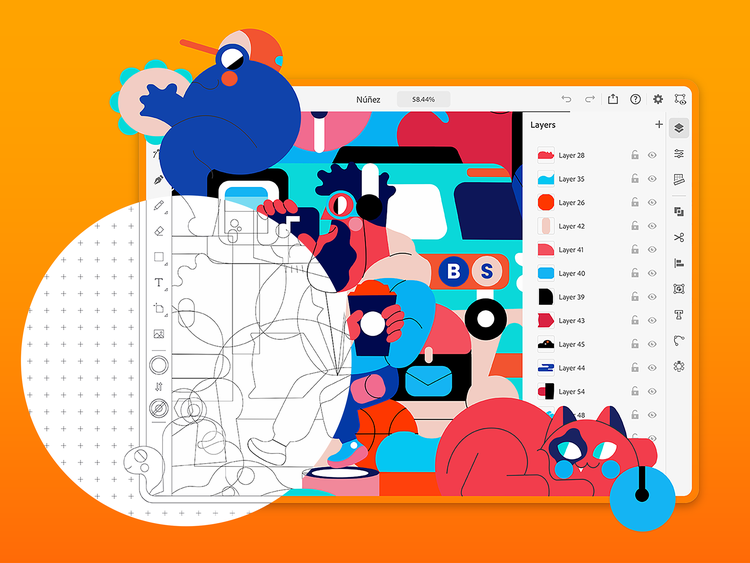 The main editing space of Illustrator for iPad against an orange gradient background with cartoon-like artwork flowing beyond the boundaries of the canvas.