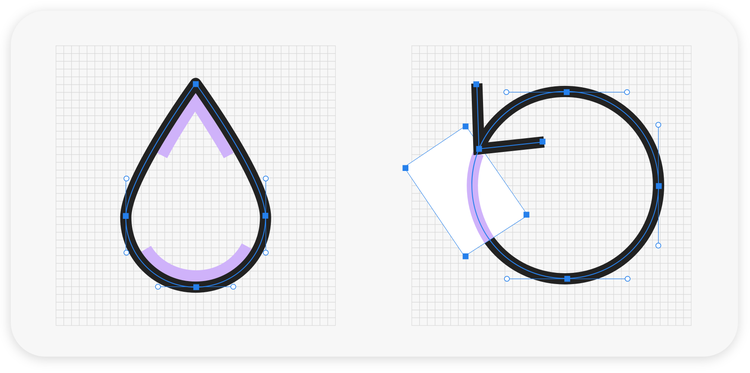 On a white background with a light gray grid from left to right: a black line drawing of a drop shape with purple highlights at the pointed tip and rounded bottom; a black line drawing of a circle comprised of a counterclockwise arrow with a removed portion highlighted in purple inside a bounding box.