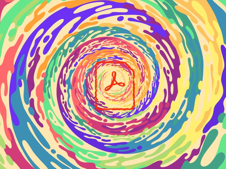 A colorful abstract spiral illustration composed of yellow, green, blue, purple, and red segments. At the center of the spiral is the red Adobe Acrobat logo.