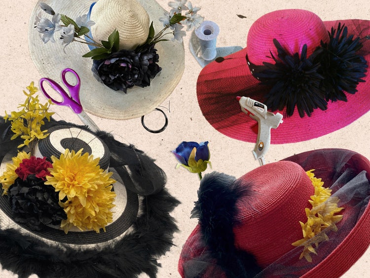 A photograph of four colorful and elaborately decorated (with feathers and flowers and ribbons) women's straw hats.