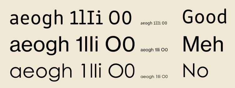 Three rows of the same text—"aeogh 1lIi 00"—each in a different font. The first row is labeled "Good," the second "Meh," and the third "No," indicating a visual comparison of font legibility.