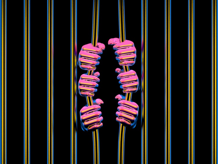 Six hands, three on each side, grip two vertical bars resembling prison bars. The hands, rendered in a vivid pink and blue gradient, contrast sharply with the black background, and appear to be pulling the slightly-bent bars apart.
