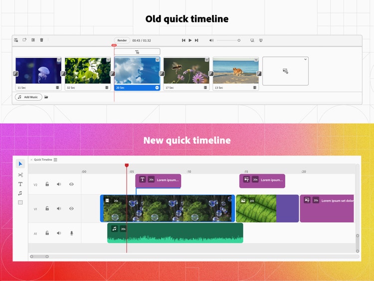 Two images comparing an Old quick timeline and a New quick timeline in video editing software. The Old quick timeline (top), on a white background with a faint geometric grid, has a series of thumbnails of video clips, basic playback controls, and a single track for video editing. The New quick timeline (bottom), on a purple-to-pink-to-yellow gradient background with a faint geometric grid, has an enhanced interface with multiple tracks for video and audio, more detailed clip information, and additional editing tools.
