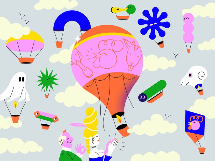 A digital illustration in a cartoon style. A man and a woman, dressed in a style from the Regency era (she's wearing a tall hairstyle, a jeweled choker, and a low cut gown and he's wearing a curled wig topped with a crown and ruffled collar and cuffs) are looking up at twelve hot air ballons floating among the clouds in pale grey-blue sky. Of different shapes (including ghost, asterisk, arch, duck head, sheep head, cube, stacked balls, tube, and ballon) and sizes, and in vibrant colors (pink, orange, blue, green, and yellow), they're being applauded by the man and woman watching them float by.