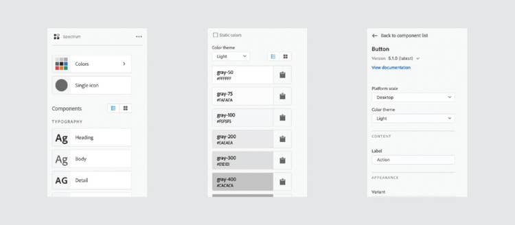 Three screenshots of the Spectrum XD plugin panel in various states, including the default Controls, Color picker, and Component detail.