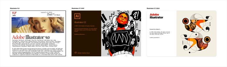 Three Adobe Illustrator splash screens on a white background. From left: Adobe Illustrator 9.0 (2000), Illustrator CC (2019), and Adobe Illustrator (2024).