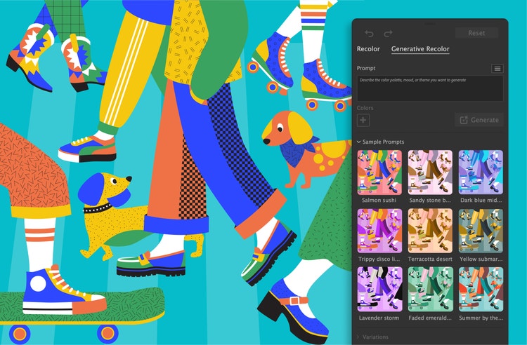 roller skating, and skateboarding wearing pants, shorts, and skirts and cowboy boots, loafers. and sneakers. Superimposed on the composition of bright hues of orange, green, yellow, and blue on a turquoise background is a panel with two tabs that read "Recolor" and "Generative Recolor." Generative Recolor is selected and beneath it is a text field with the words "Describe the color palette, mood, or theme you want to generate." Beneath that, under the heading "Sample Prompts," are nine thumbnail images (the same as the main digital illustration) with descriptive words underneath them. First row left to right: Salmon sushi, Sandy stone brown, Dark blue mid blue. Middle row left to right: Trippy disco lavender, Terracotta desert, Yellow submarine. Bottom row left to right: Lavender storm, Faded emerald, Summer by the sea.)