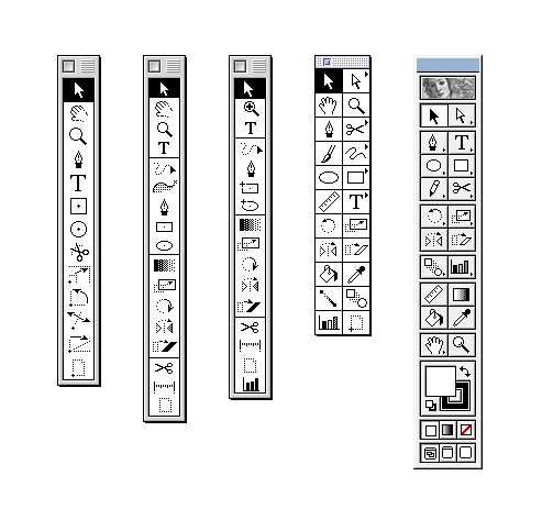 Line art versions of five Illustrator for desktop tool panels (oldest to newest from left to right).