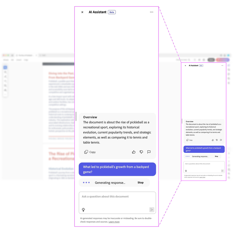 A blurry screenshot of a document open in Adobe Acrobat's viewer. Superimposed over it is an exploded view of the right-side panel showing the upfront overview of AI Assistant.