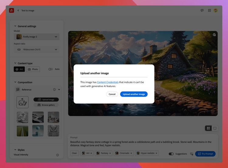 A screenshot of the Adobe Firefly UI. The interface displays options for generating images with various settings such as model type, aspect ratio, content type, and composition. In the center of the screen is a pop-up message that reads, "Upload another image. This image has Content Credentials that indicate it can't be used with generative AI features" alongside two buttons that read, "Cancel" and "Upload another image." In the background is an example of generated art depicting a beautiful cozy fantasy stone cottage in a spring forest beside a path and a babbling brook with snow-capped mountains in the distance.