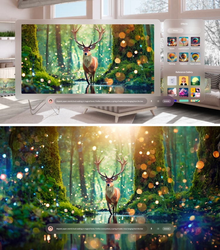 Two images stacked. In the top image a computer screen is superimposed over the center of a well-lit, light-colored living room with multiple windows, bookshelves and comfortable seating. On the computer screen is a AI-generated image of a buck composed of paper walking through a pool of water in a forest filled with dappled light and beneath it, in a prompt bar is the prompt, "Majestic paper colorful buck walking in magical forest, fireflies everywhere, a spring of water, moss, hanging from the tree." To the right of this main image is a panel titled "Effects" containing a gallery of thumbnail-sized images. In the bottom image is the same AI-generated image of a buck composed of paper walking through a pool of water in a forest filled with dappled light. The image fills the canvas. Superimposed on the image is a prompt bar with the prompt, "Majestic paper colorful buck walking in magical forest, fireflies everywhere, a spring of water, moss, hanging from the tree."