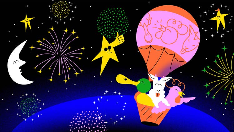 A digital illustration in a cartoon style. A pink and orange hot air balloon is floating above the earth in a night sky. A duck, a sheep, and a chicken are riding in its basket. The moon is sleeping, the stars are smiling (one of them, wearing sunglasses, is giving a thumbs up) and fireworks (in shades of pink, green, yellow, and white) light up the sky.