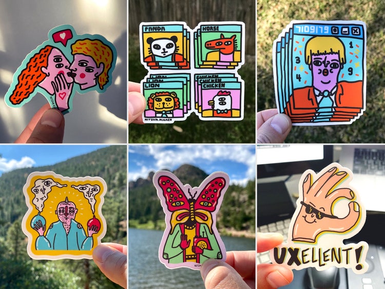 A six-frame photographic composite of sticker art. Clockwise from top left: 1. two people kissing 2. panda, horse, chicken, lion 3. a person in a tie and blazer 4. a hand giving the OK sign and the caption UXellent! 5. a person with a butterfly head 6. a person with four eyes and holding a balloon in each hand.