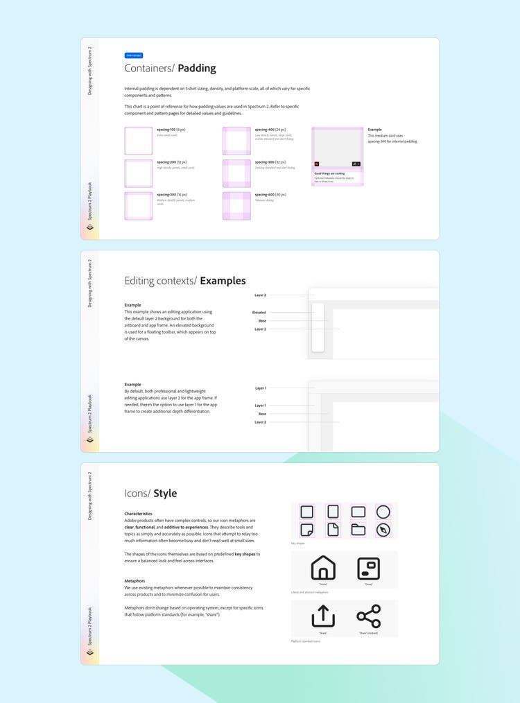 Three two-page spreads stacked on a light blue-to-green gradient background. Content (text and various thumbnail-sized images) is mostly too small to read but along the left edge of each spread are the words "Spectrum 2 Playbook" (bottom) and "Designing with Spectrum 2" (top). The page titles are (from top to bottom): "Containers/ Padding," "Editing contexts/ Examples," and "Icons/ Style."