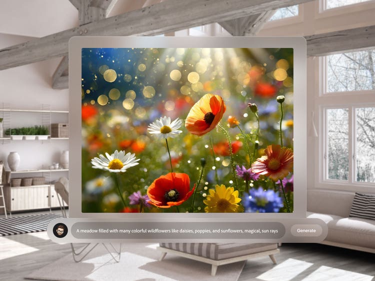 An image of a computer screen superimposed over the center of a well-lit, light-colored living room with multiple windows, bookshelves and comfortable seating. On the computer screen is an AI-generated photograph of a field of wildflowers and beneath it a prompt bar with the prompt, "A meadow filled with many colorful wildflowers like daisies, poppies, and sunflowers, magical sun rays."