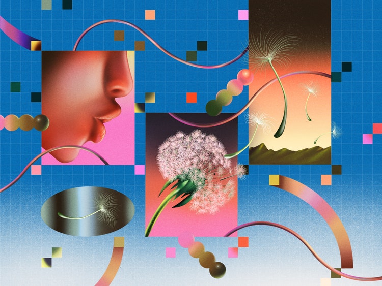 Three rectangular (and one oval) illustrations on blue-to-white gradient background with multi-colored pixels randomly strewn across it. From left to right, the three rectangular illustrations are: the blowing mouth and nose of a person in profile on a pink-to-yellow gradient background; a dandelion in full bloom against a pink-to-orange-to purple gradient background; and a dandelion with all its pollen gone against a yellow-to-orange-to-black gradient background. The oval illustration on the far left is of a dandelion with all its pollen gone against a black-to-green gradient background.