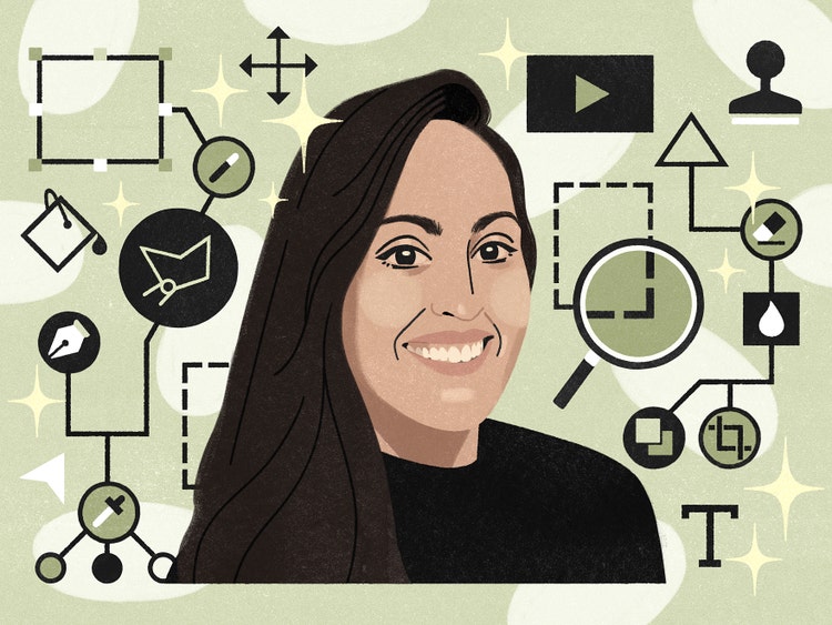 An illustrative portrait of an olive-skinned woman with long dark hair, with one side swept behind her left ear, wearing a black crew neck top. The background is light green and decorated with tool icons from Adobe Illustrator and Adobe Photoshop: Free Transform, Stamp, Paint Bucket, Text, Eyedropper, Pen Tool, Eraser, and Lasso.