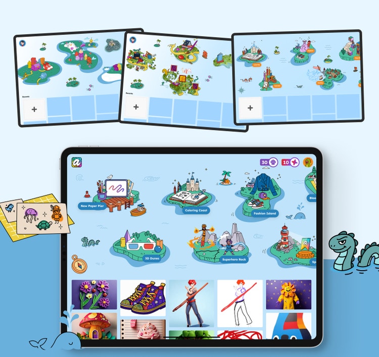 A creative app interface on tablet mockup with a colorful map of themed islands labeled with names like Coloring Coast and Superhero Rock and thumbnails of vibrant artwork including flowers, shoes, and characters. Above the tablet are three smaller map previews with doodles of fantasy cityscapes.