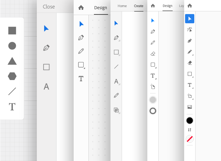 Six cropped screenshots of Illustrator for iPad tool panels (oldest to newest from left to right).